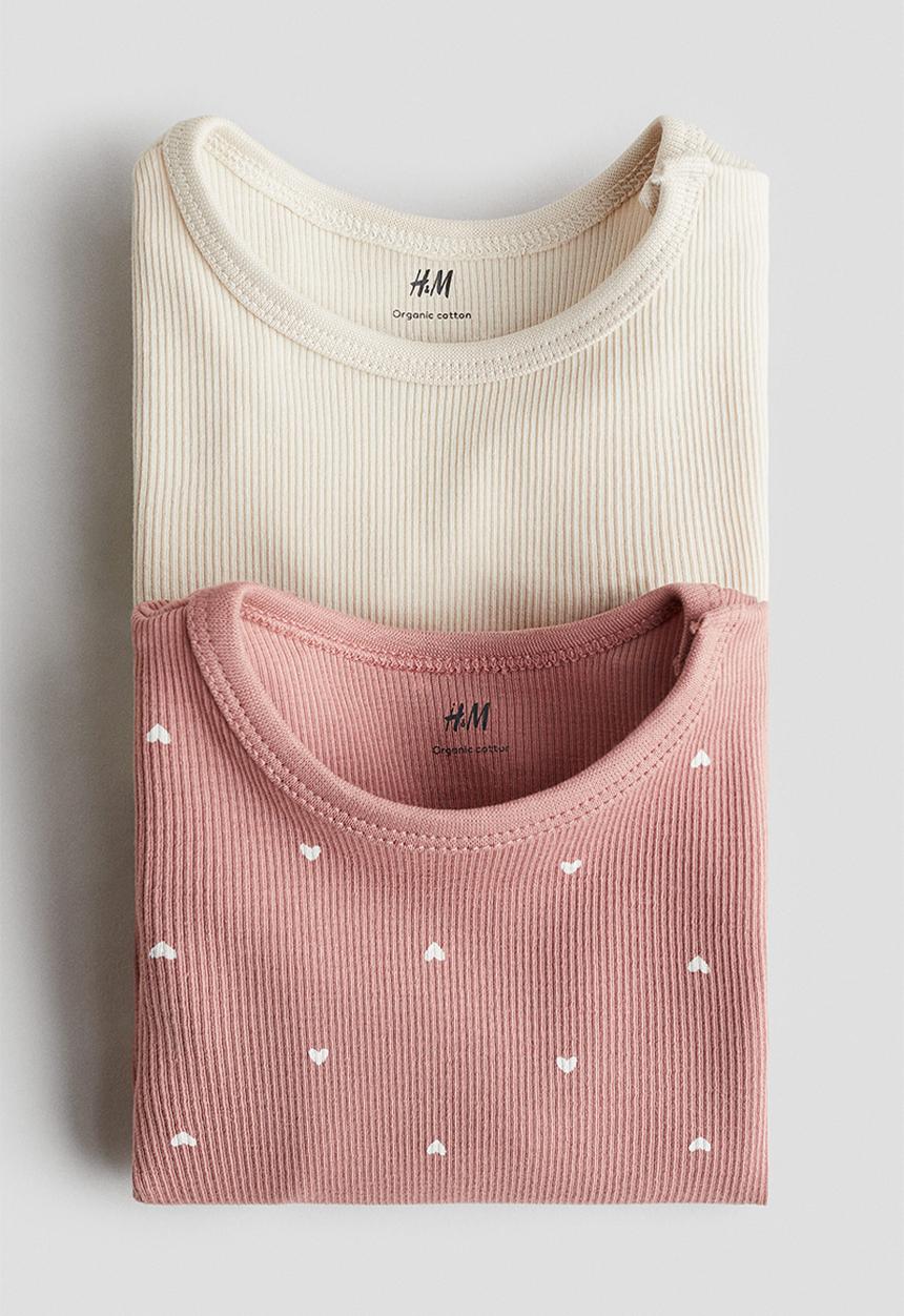 H&M - 2-Pack long-sleeved bodysuits - dusty pink hearts