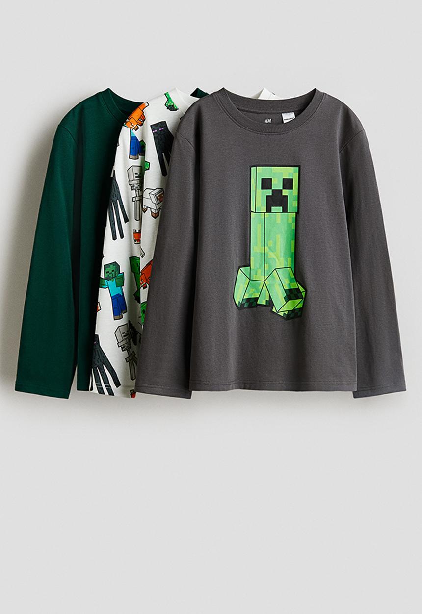 H&M - 3-Pack long-sleeved T-shirts - green minecraft