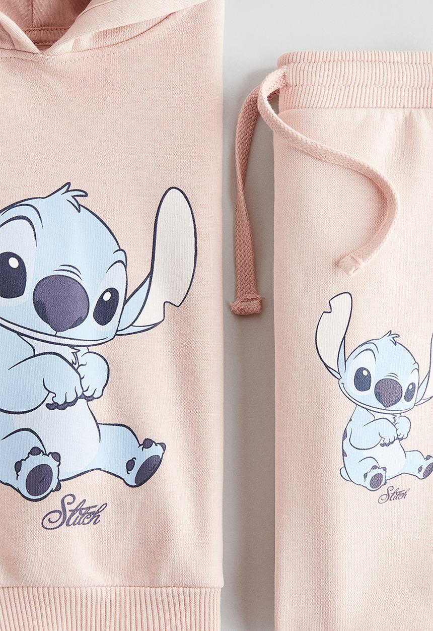 H&M - 2-piece printed sweatshirt set -  light pink/lilo & stitch 