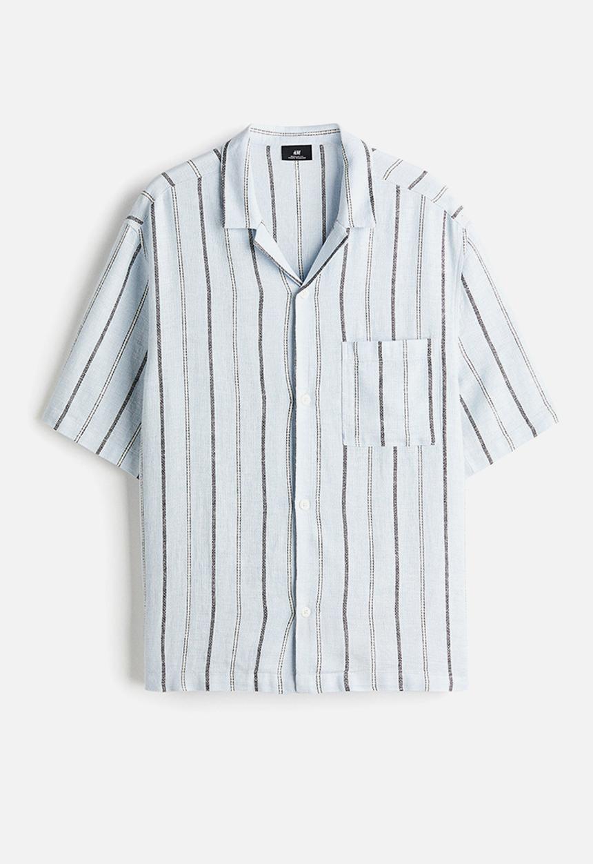 H&M - Regular fit linen-blend resort shirt - light blue/striped