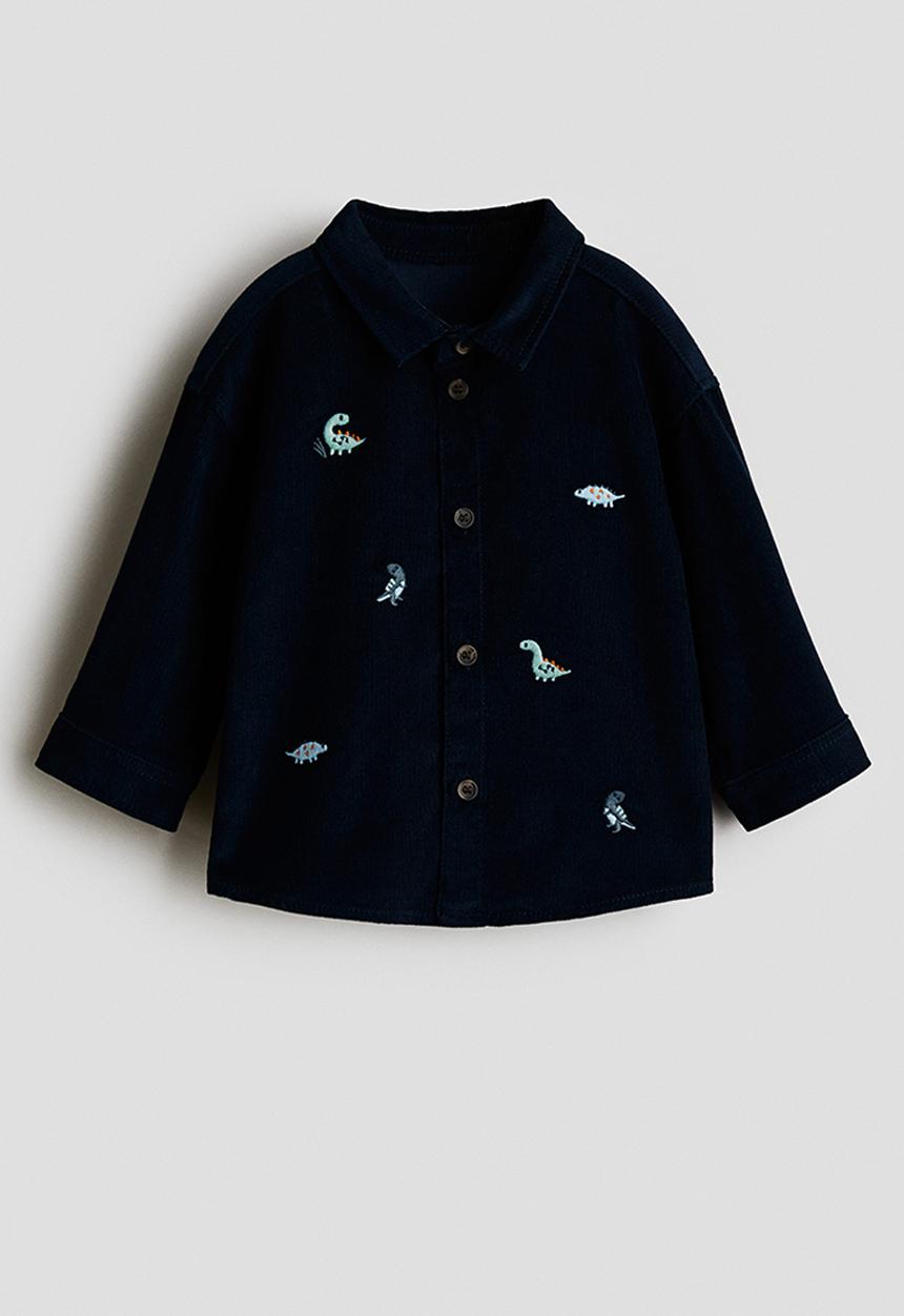 H&M - Embroidery-motif corduroy shirt - dark blue dinosaurs 