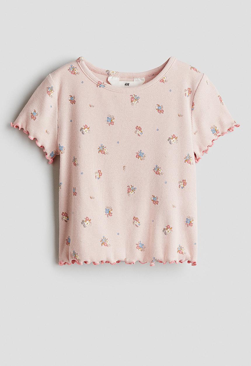 H&M - Ribbed cotton jersey top - light pink floral