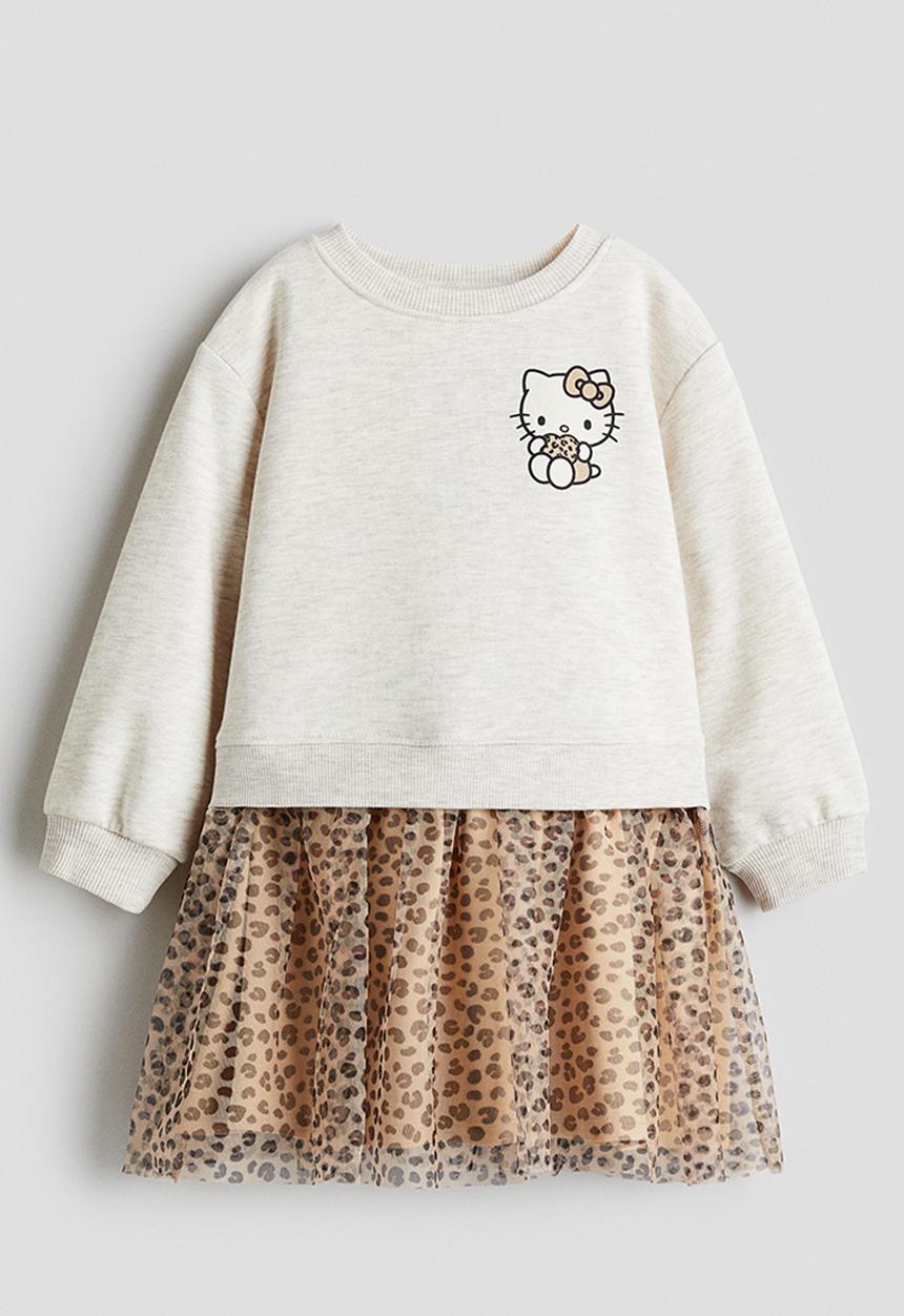 H&M - Printed tulle-skirt sweatshirt dress - light grey marl/hello kitty