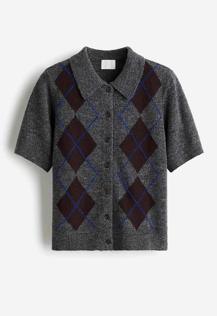 H&M - Collared cardigan - dark grey marl argyle pattern