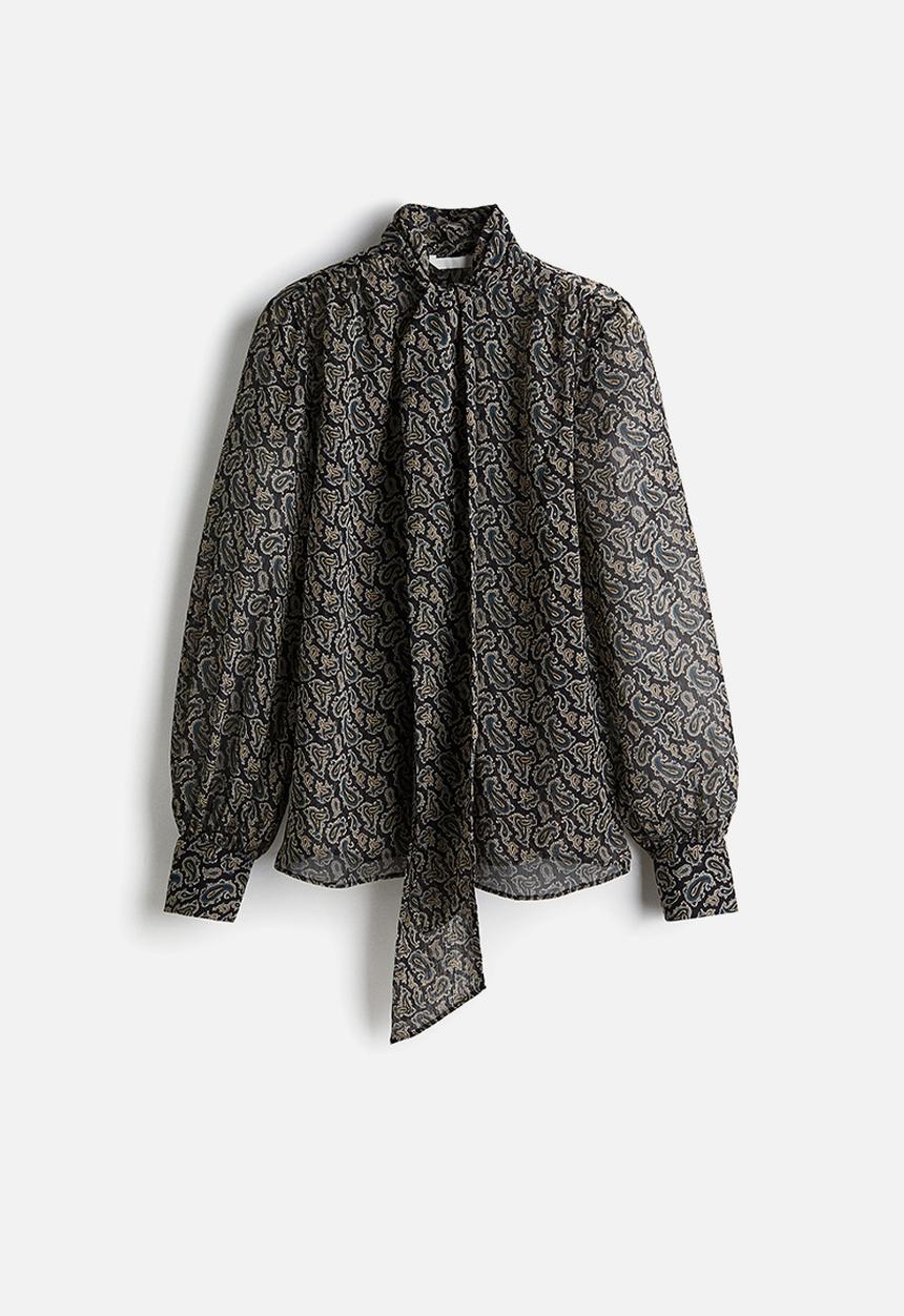 H&M - Tie-neck chiffon blouse - navy blue/paisley pattern