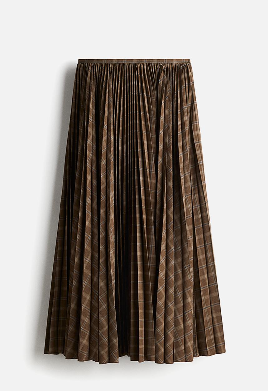 H&M - Pleated circular skirt - dark beige checked