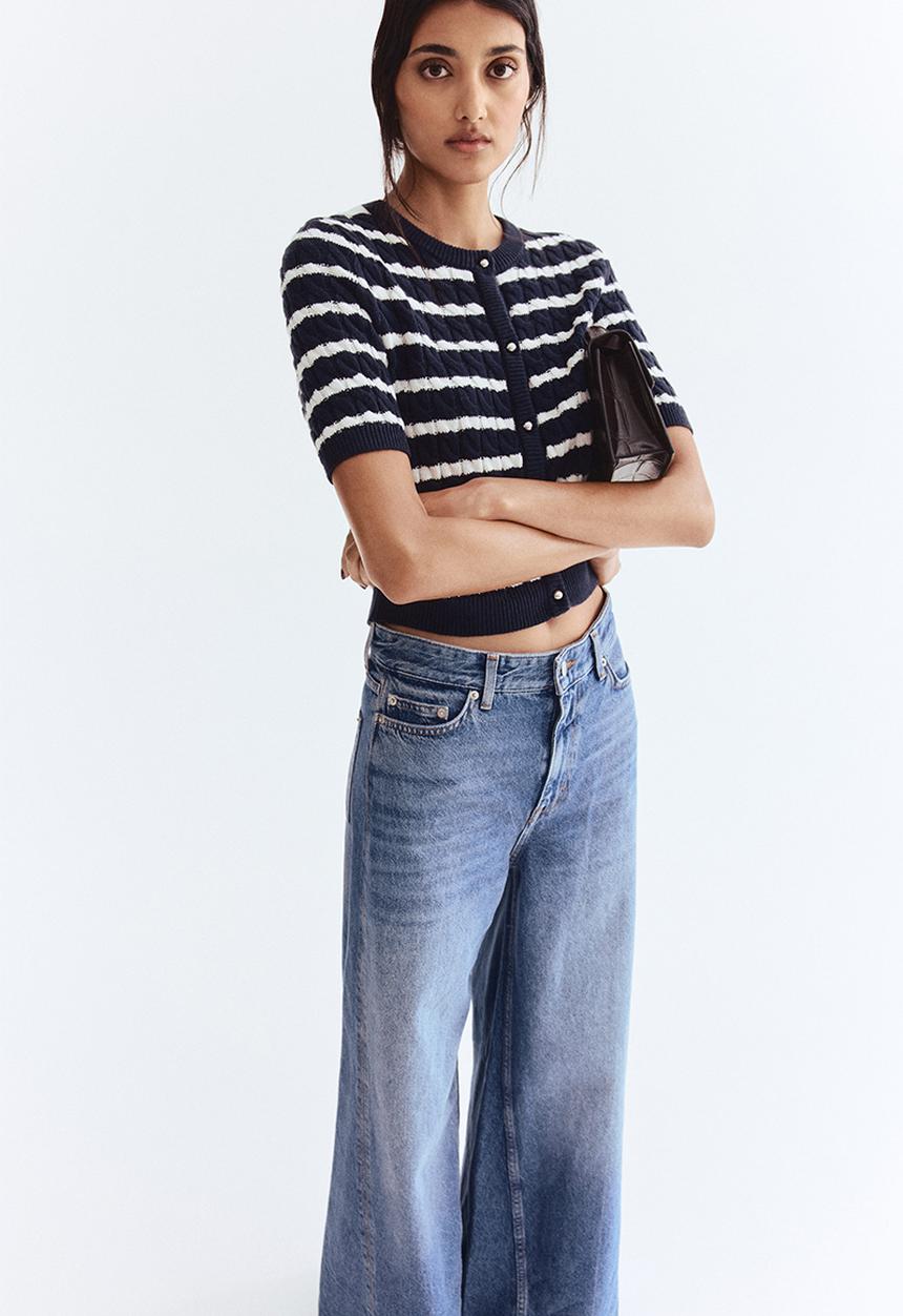 Textured-knit cardigan - navy blue/striped - 1288757001