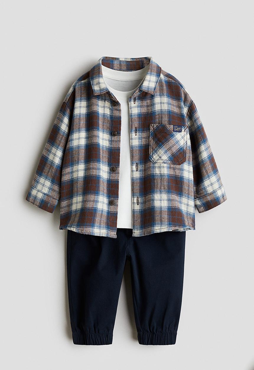 H&M - 3-piece cotton set - brown/blue checked