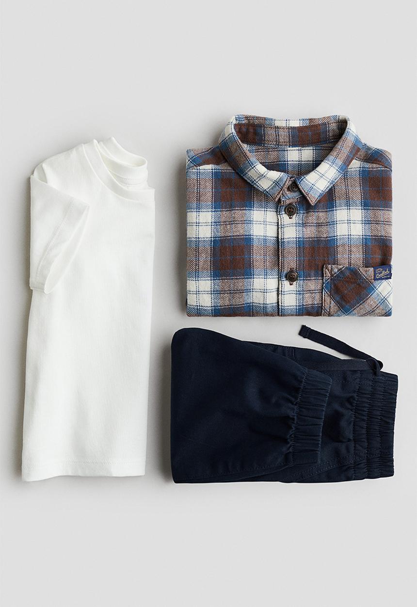 H&M - 3-piece cotton set - brown/blue checked