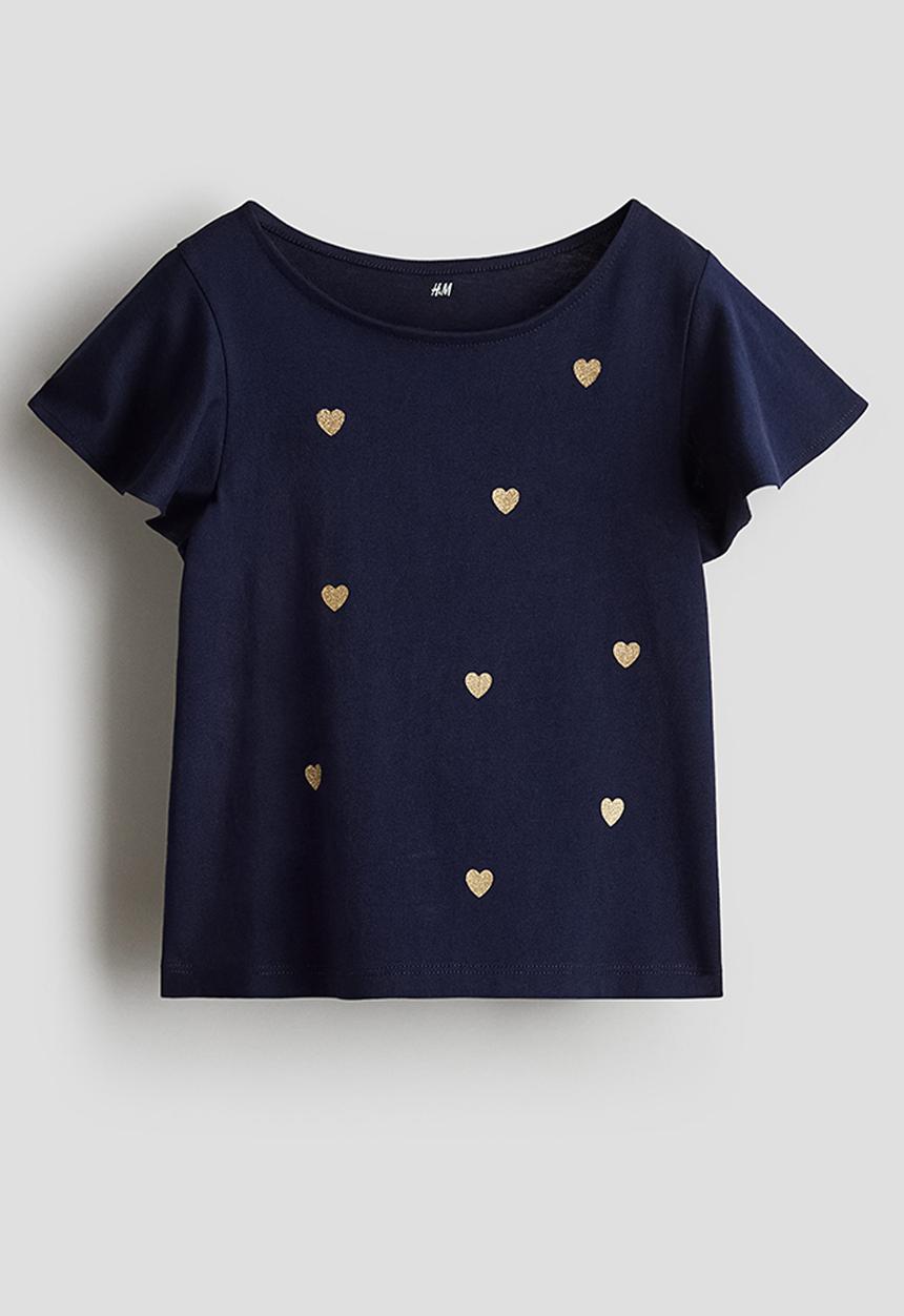 H&M - Printed flutter-sleeved top -  navy blue/hearts