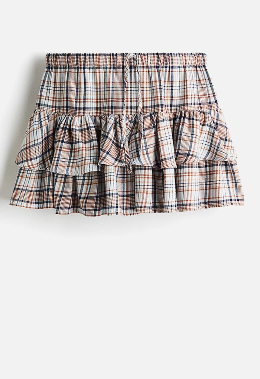 H&M - Tiered drawstring skirt - light blue/checked