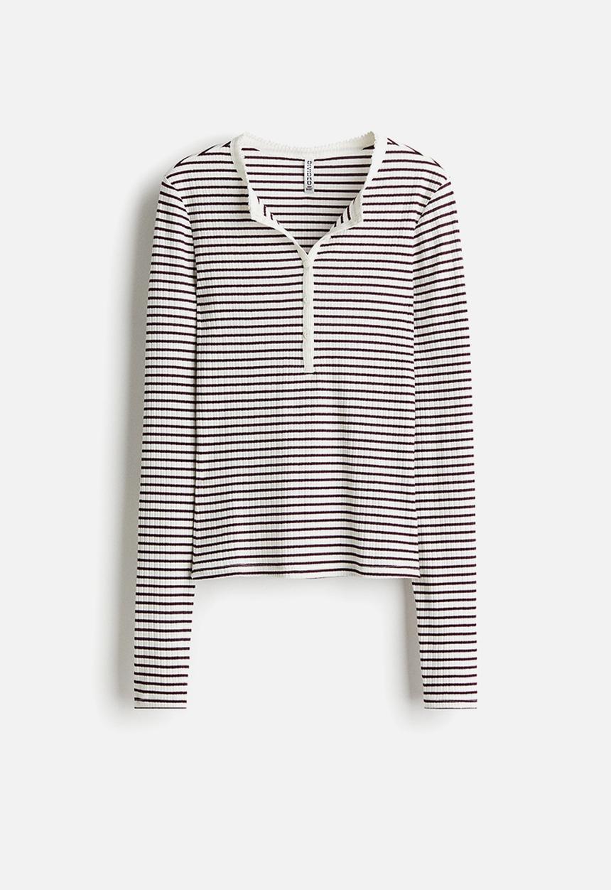 H&M - Ribbed henley top - white & burgundy striped