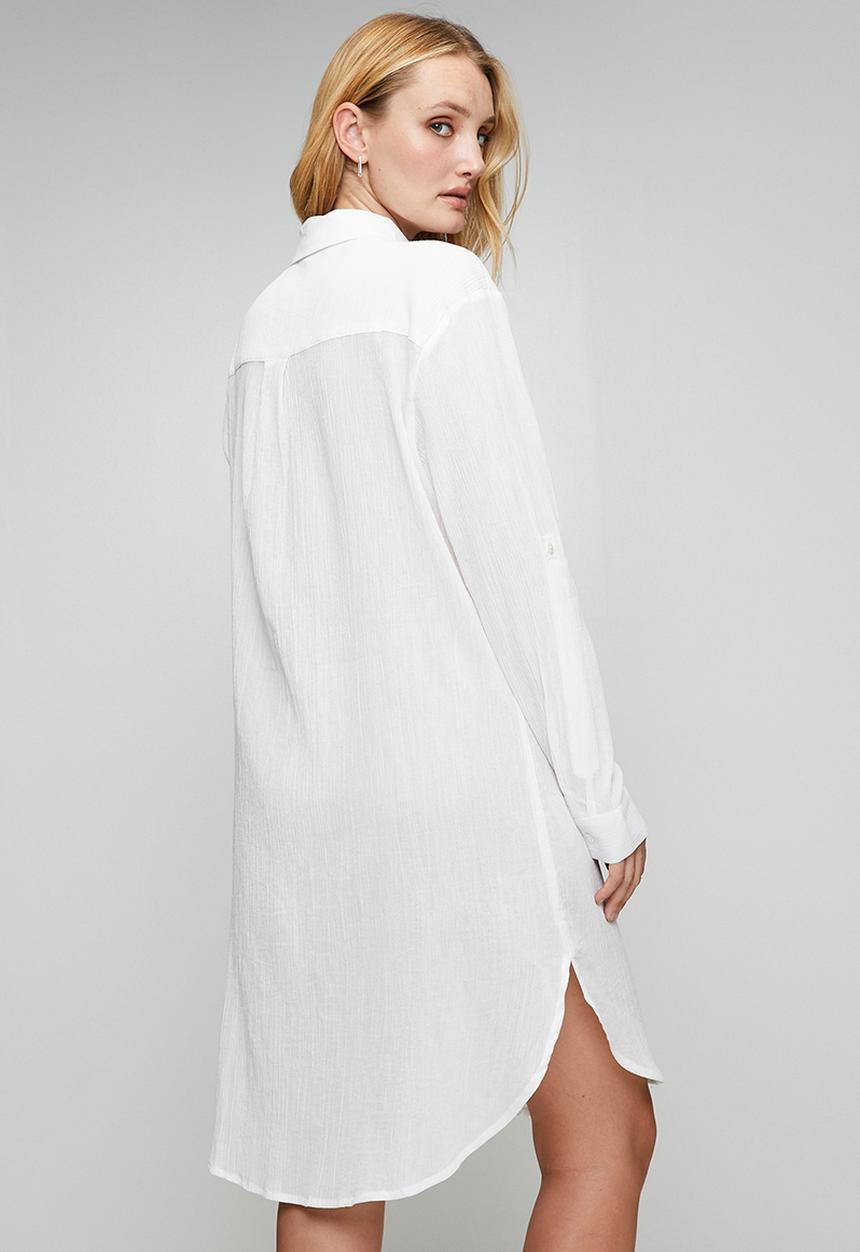 Izabel London - Long sleeve Button Through Midi Shirt Dress - White