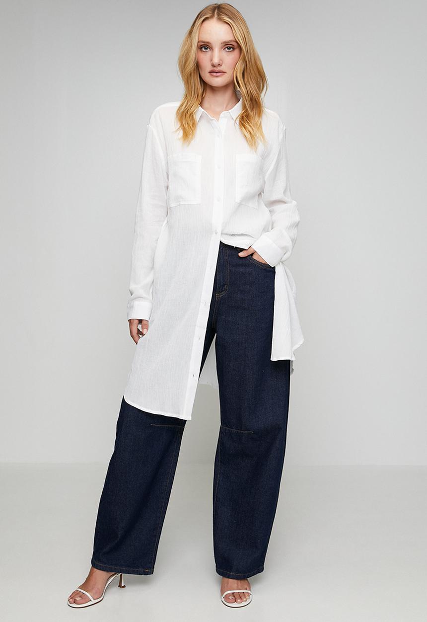 Izabel London - Long sleeve Button Through Midi Shirt Dress - White