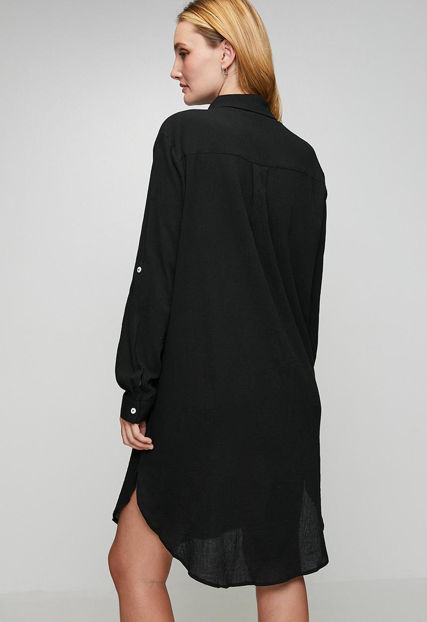 Izabel London - Long sleeve Button Through Midi Shirt Dress - Black