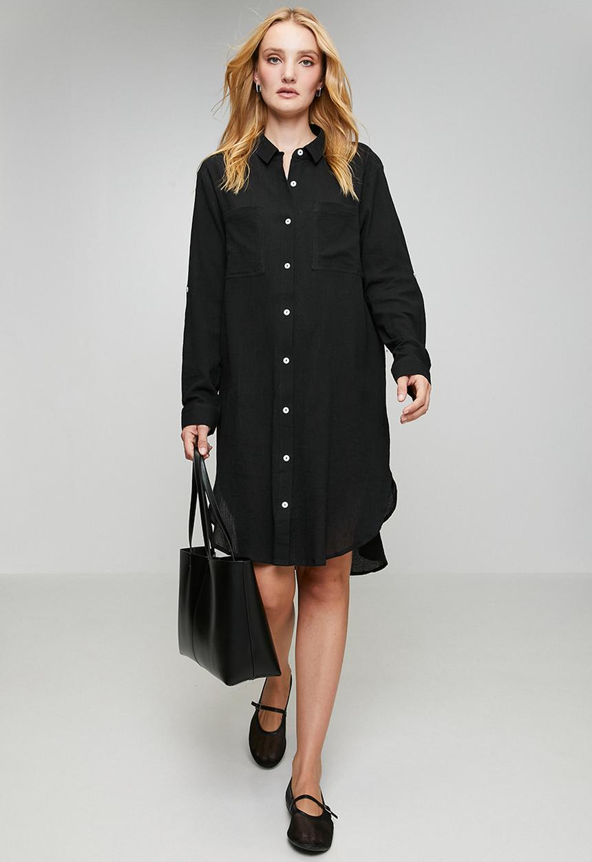 Izabel London - Long sleeve Button Through Midi Shirt Dress - Black