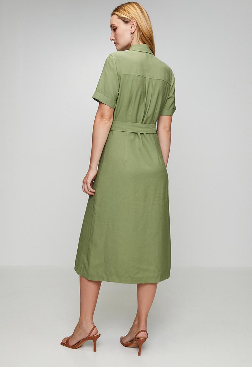 Izabel London - Snap Button Through Maxi Dress With Front Pockets With Flaps - Khaki