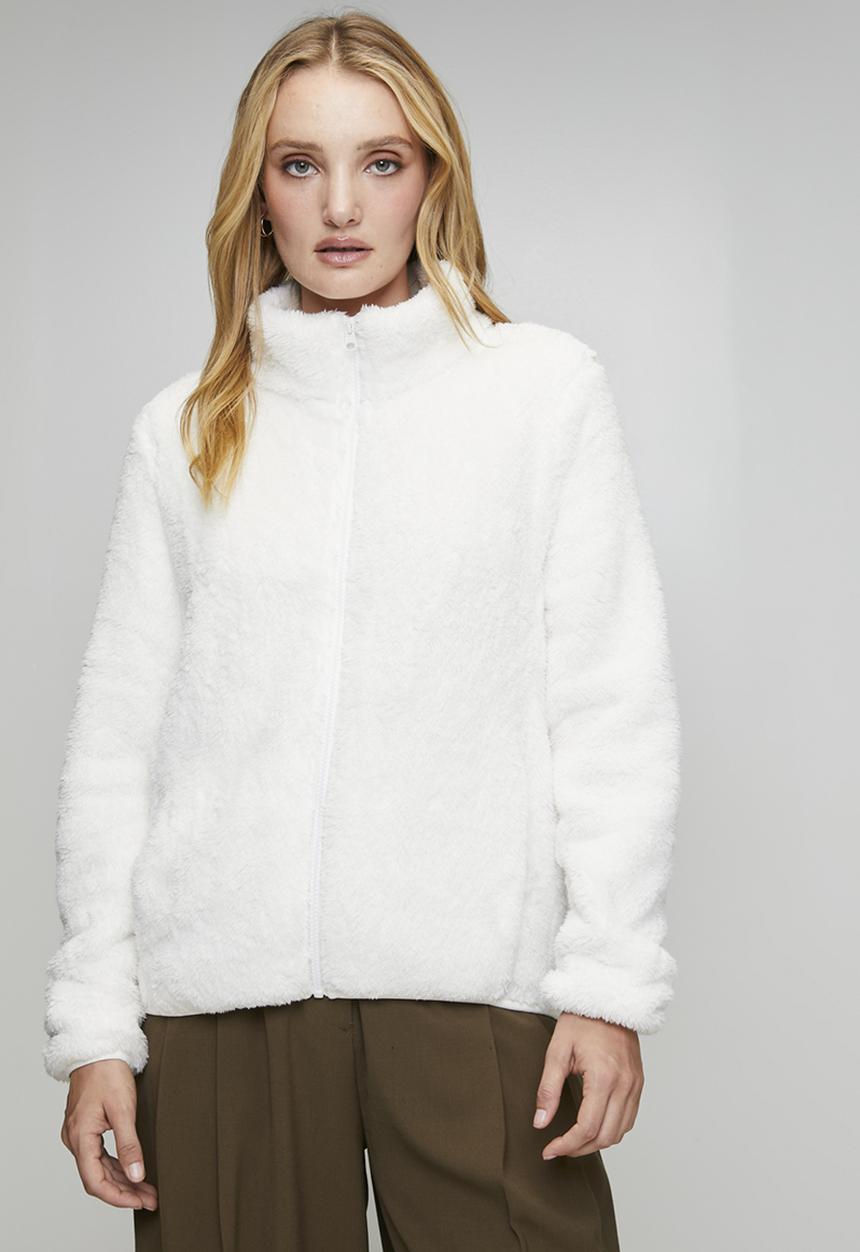Stella Morgan - Long sleeve Zip Through Faux Teddy Jacket - Cream