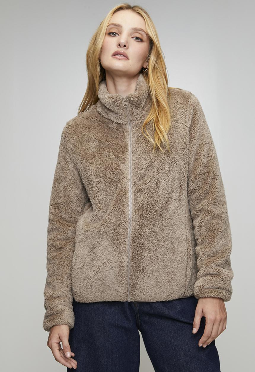 Stella Morgan - Long sleeve Zip Through Faux Teddy Jacket - Mocha