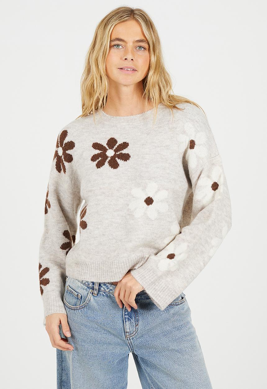 Brave Soul - Jacquard Floral Knit Jumper - Lt. Mink Melange