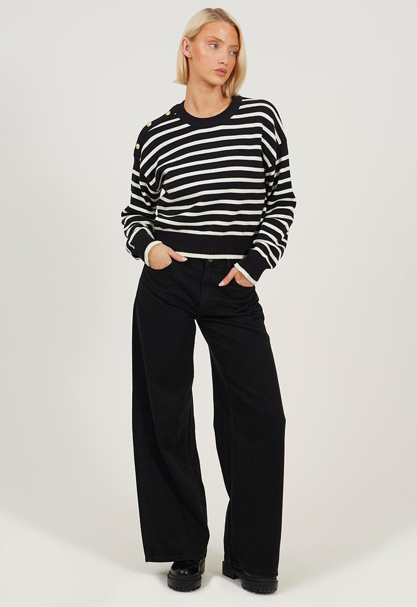 Brave Soul - Crew Neck Stripe Cotton Boxy Shape Jumper - Black/Ivory Stripe