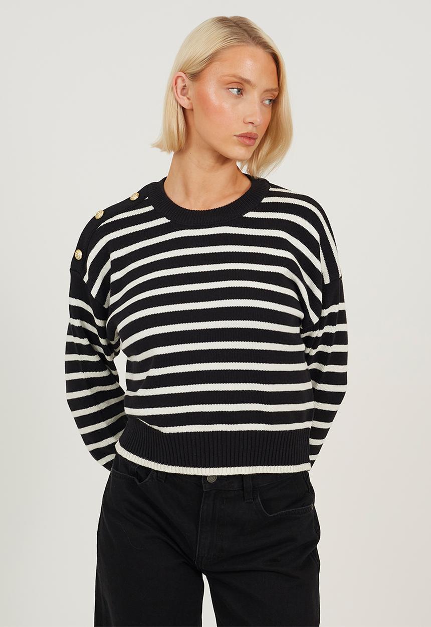 Brave Soul - Crew Neck Stripe Cotton Boxy Shape Jumper - Black/Ivory Stripe