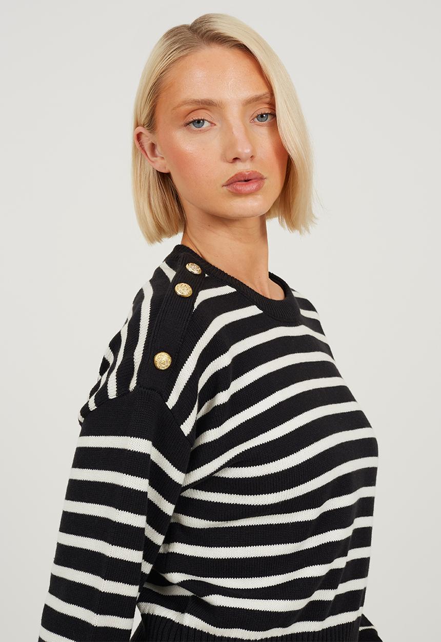 Brave Soul - Crew Neck Stripe Cotton Boxy Shape Jumper - Black/Ivory Stripe