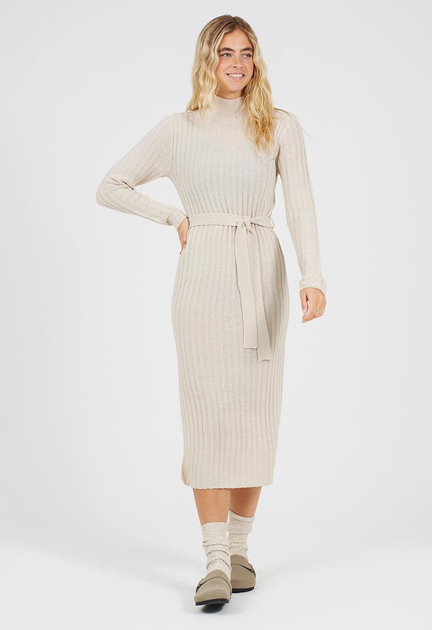 Brave Soul - Roll Neck Rib Dress With Belt - Stone