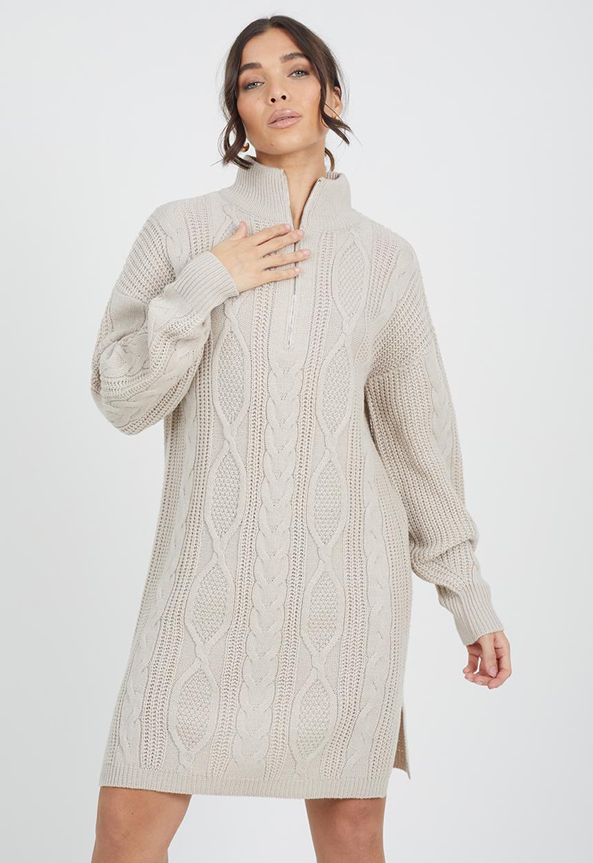Brave Soul - Half Zip Neck All Over Cable Dress - Stone