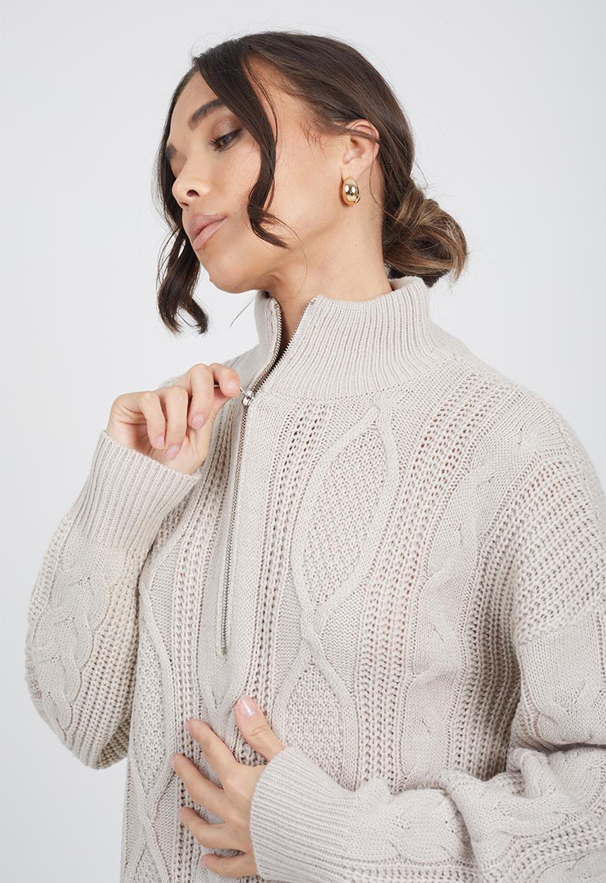Brave Soul - Half Zip Neck All Over Cable Dress - Stone