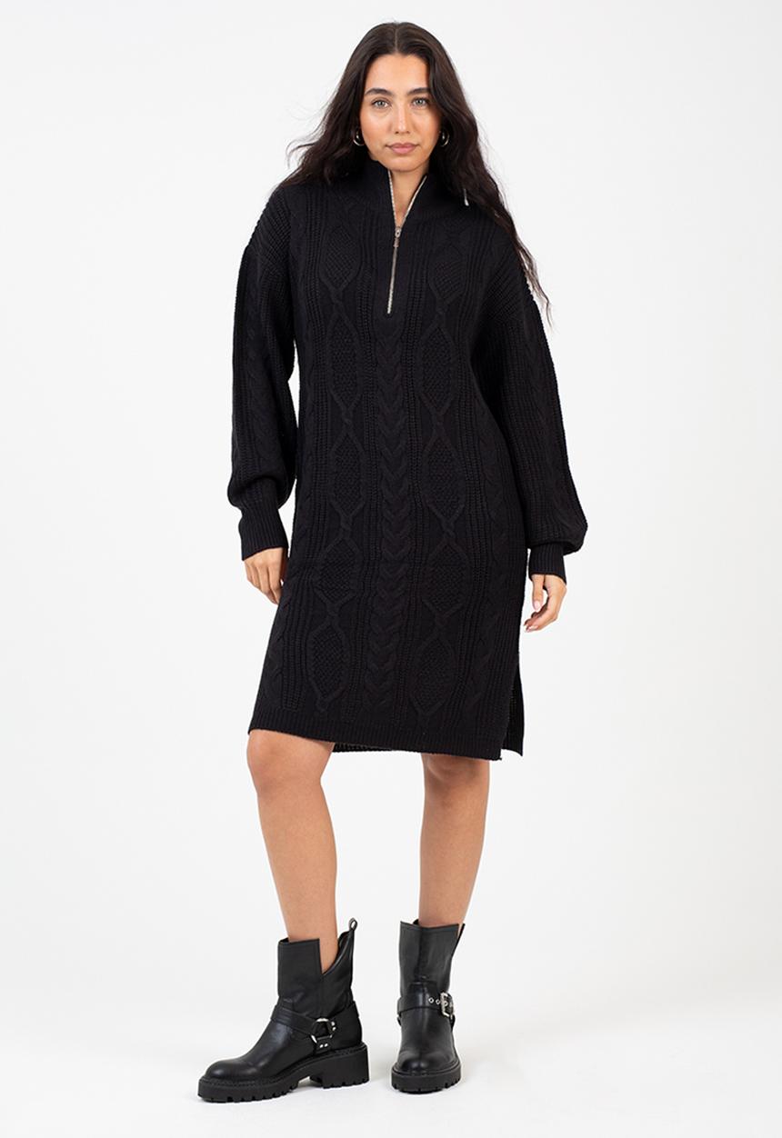 Brave Soul - Half Zip Neck All Over Cable Dress - Black