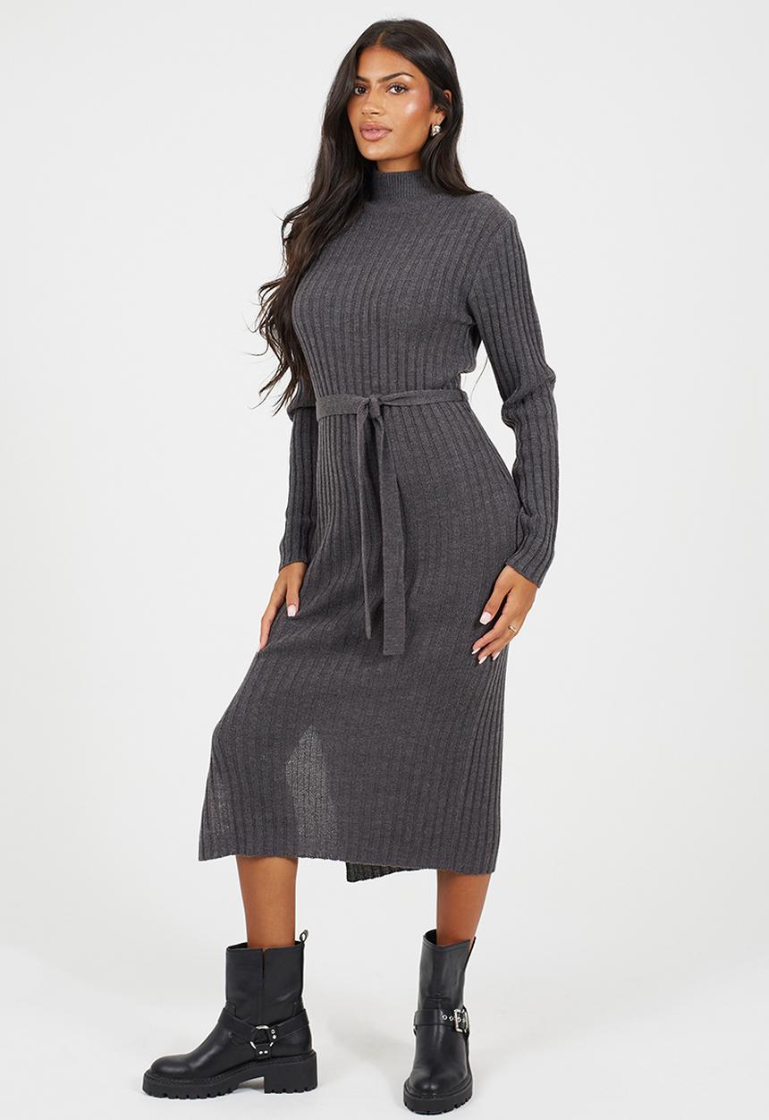 Roll Neck Rib Dress With Belt - Charcoal