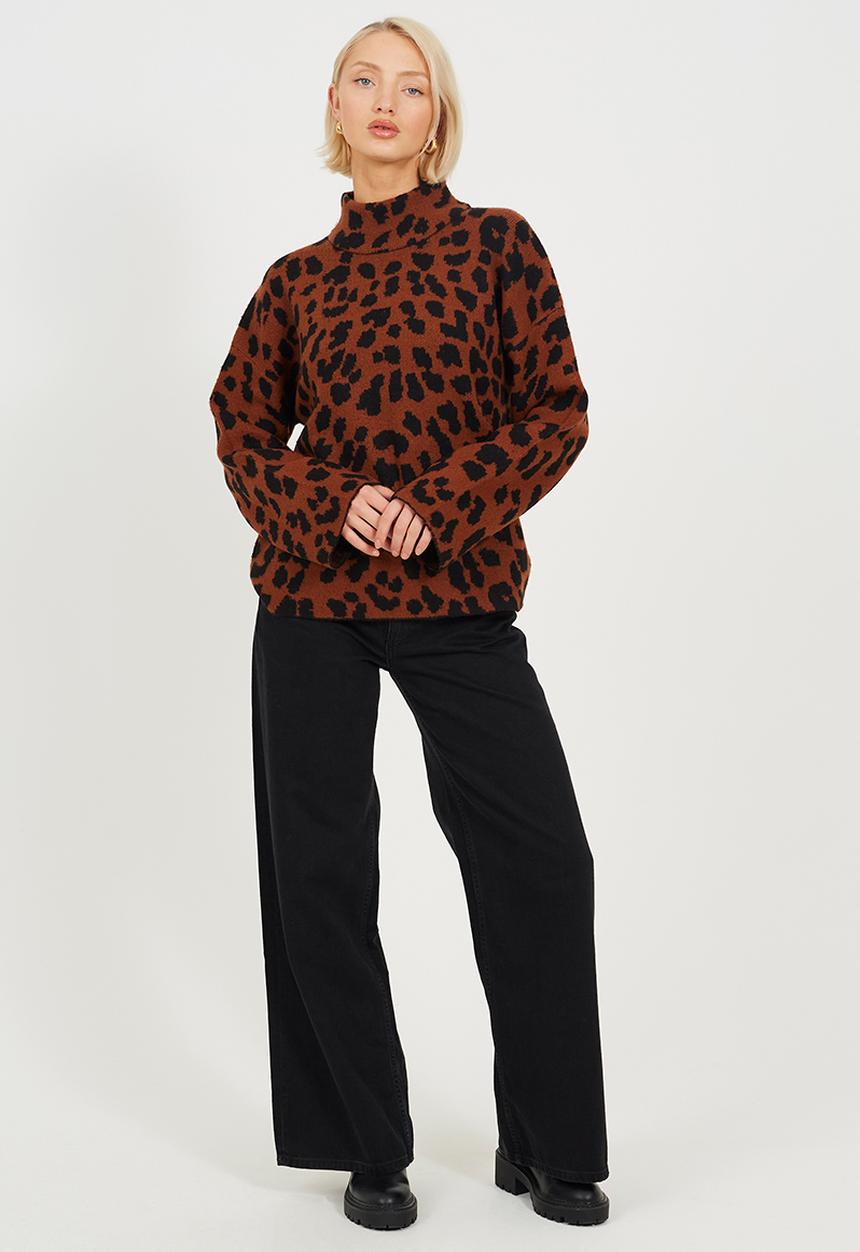 Brave Soul - Animal Jacquard Tunic With Turtle Neck - Brown/Black