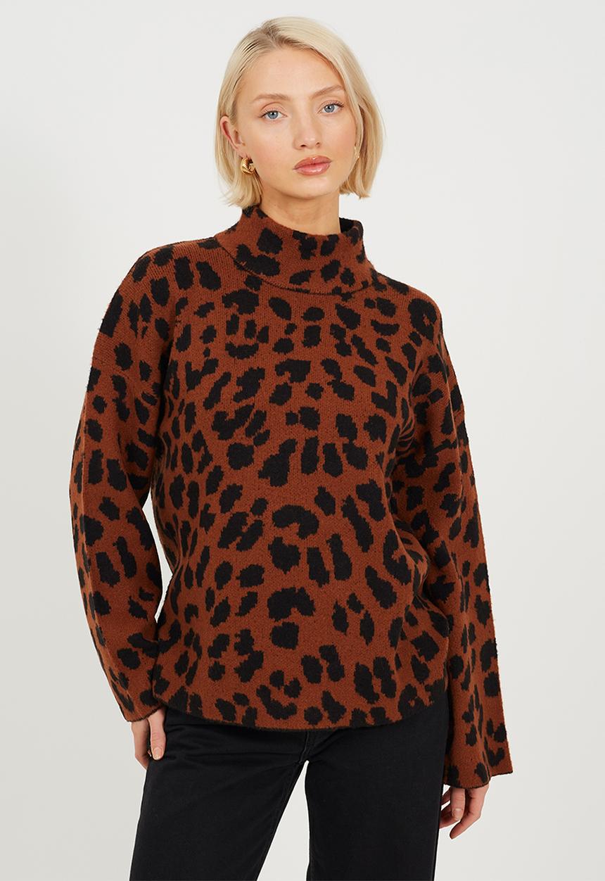 Brave Soul - Animal Jacquard Tunic With Turtle Neck - Brown/Black