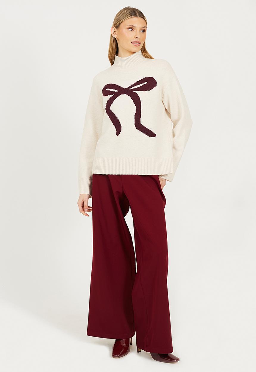 Brave Soul - Crew Neck Cardi - Ivory/Wine Bow