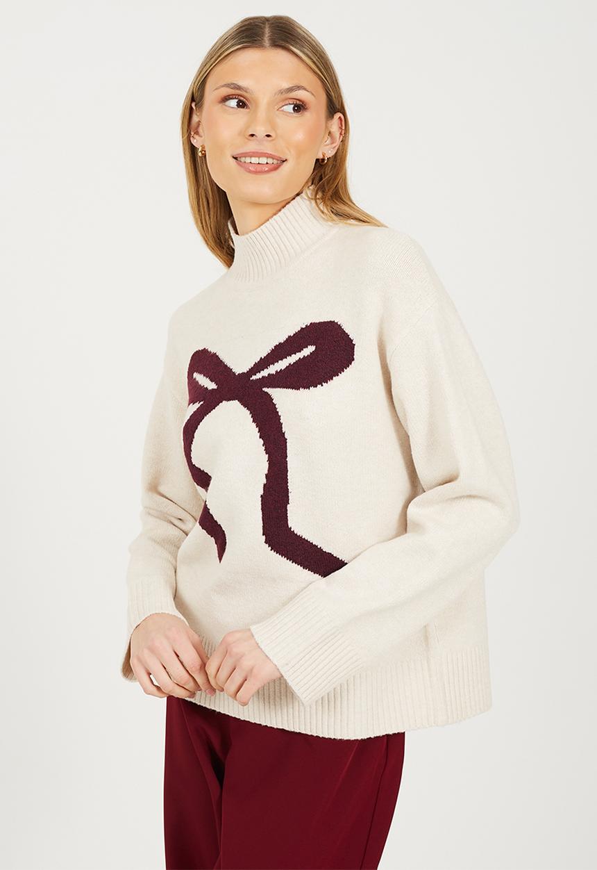 Brave Soul - Crew Neck Cardi - Ivory/Wine Bow