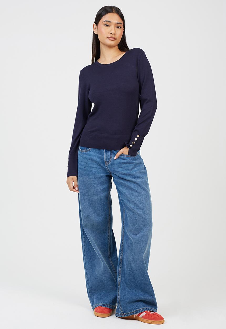 Brave Soul - Crew Neck Jumper With Mock Popper - Navy