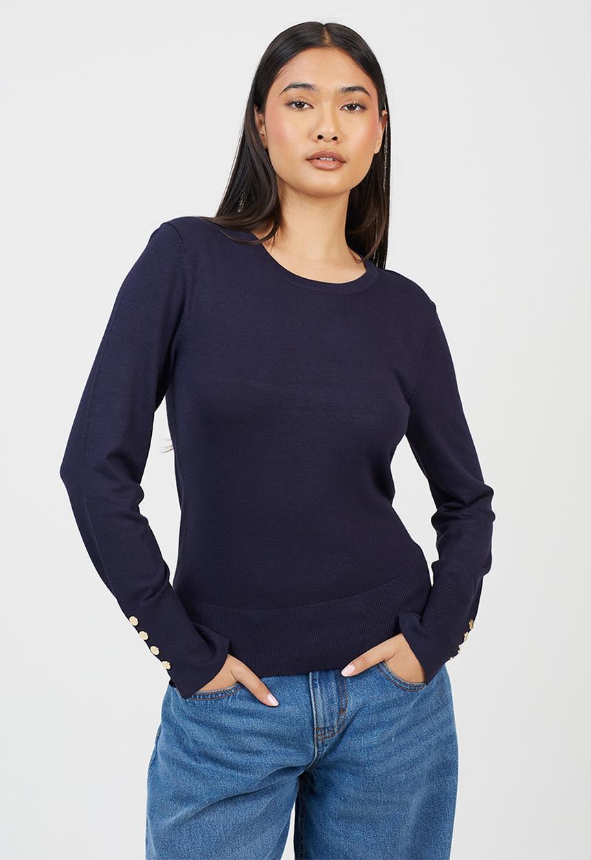 Brave Soul - Crew Neck Jumper With Mock Popper - Navy
