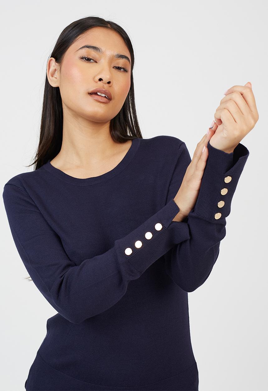 Brave Soul - Crew Neck Jumper With Mock Popper - Navy