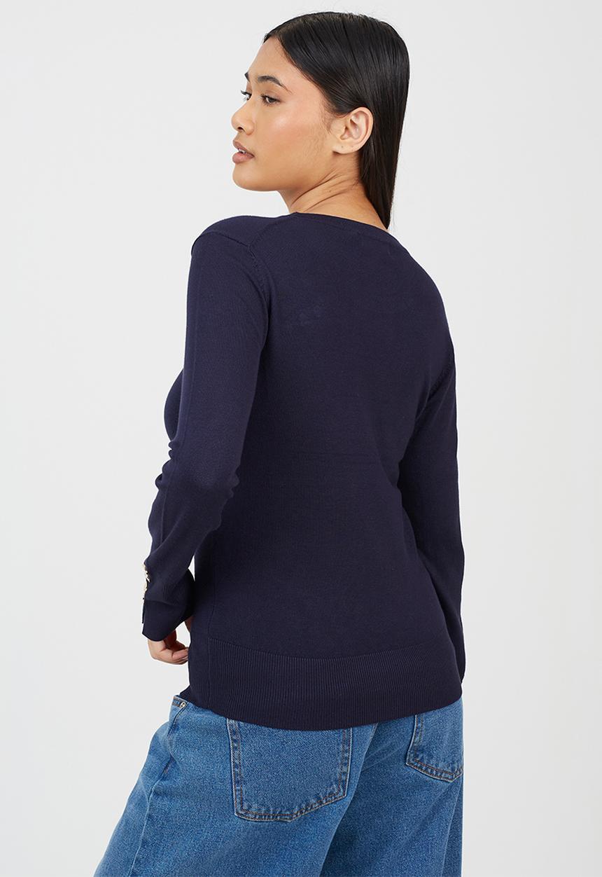 Brave Soul - Crew Neck Jumper With Mock Popper - Navy