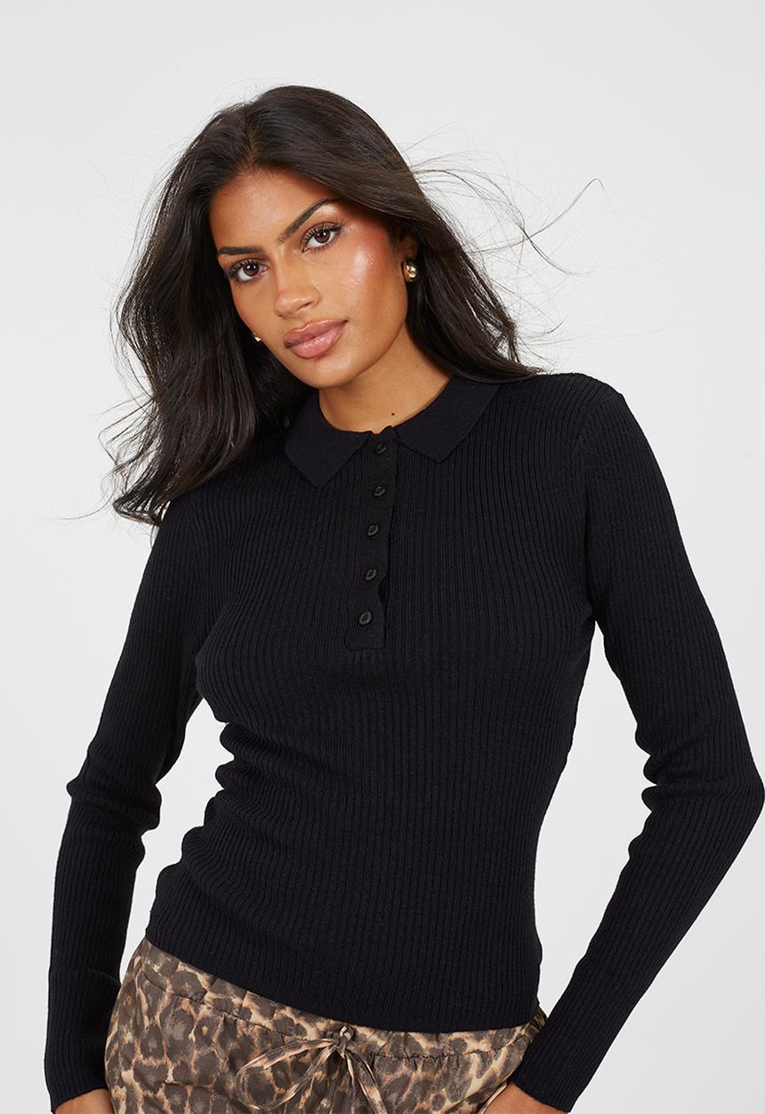 Brave Soul - Polo Collar Rib Jumper With Buttons Placket - Black