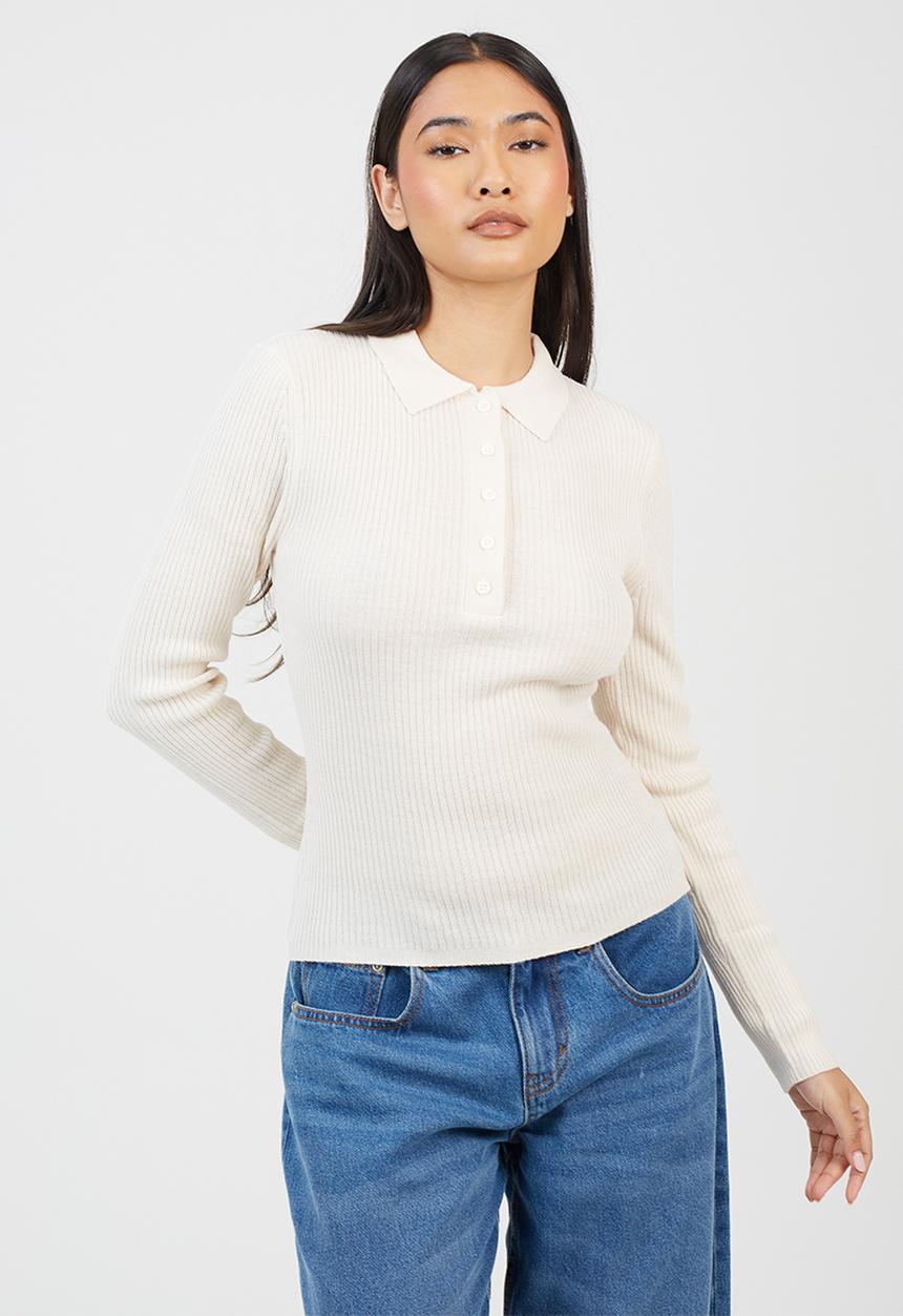 Brave Soul - Polo Collar Rib Jumper With Buttons Placket - Cream