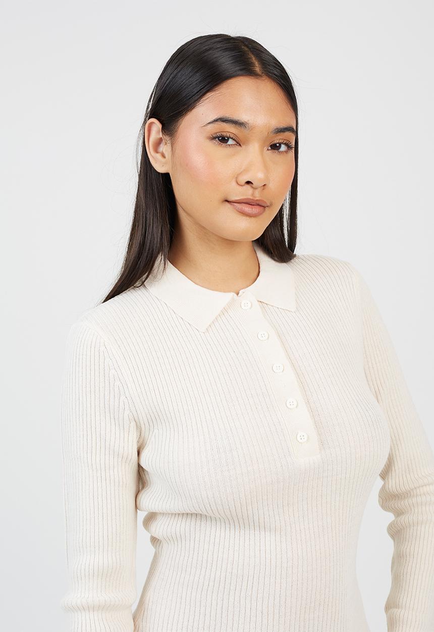 Brave Soul - Polo Collar Rib Jumper With Buttons Placket - Cream
