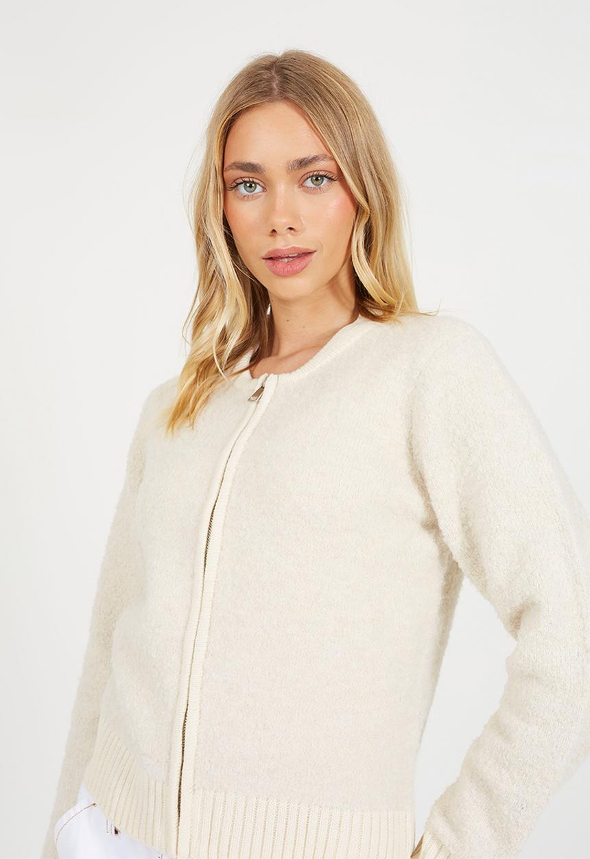 Brave Soul - Zip Through Bomber Jacket With Boucle Yarn - Ivory