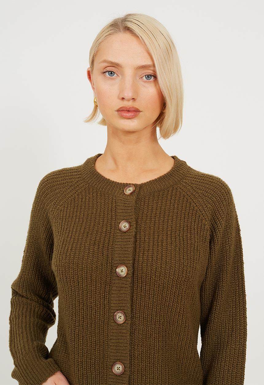 Brave Soul - Crew Neck StripeCardi -Khaki