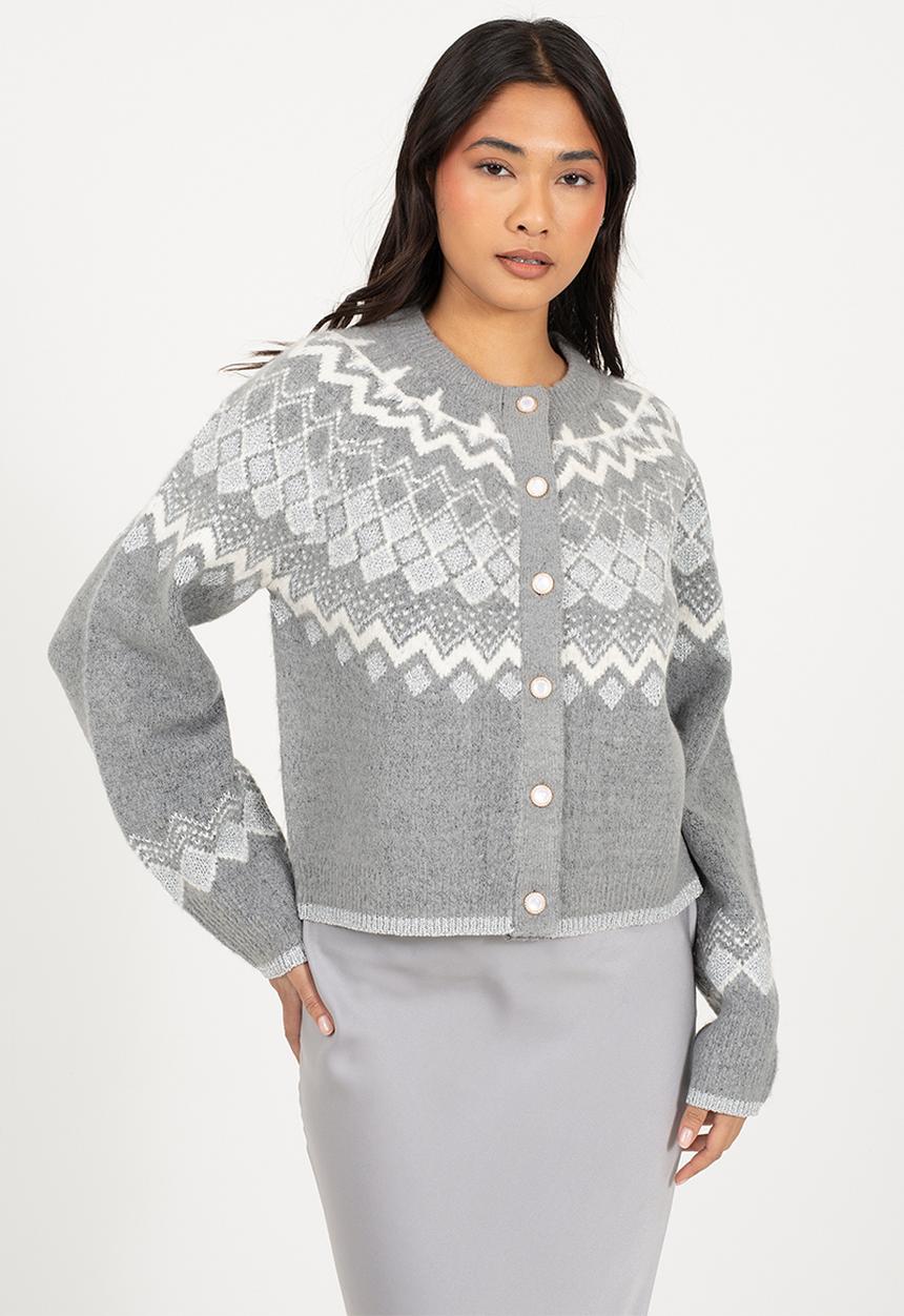 Brave Soul - Fairisle Yok Cardi With Pearl Buttons - Grey Mel/Ivory/Silver