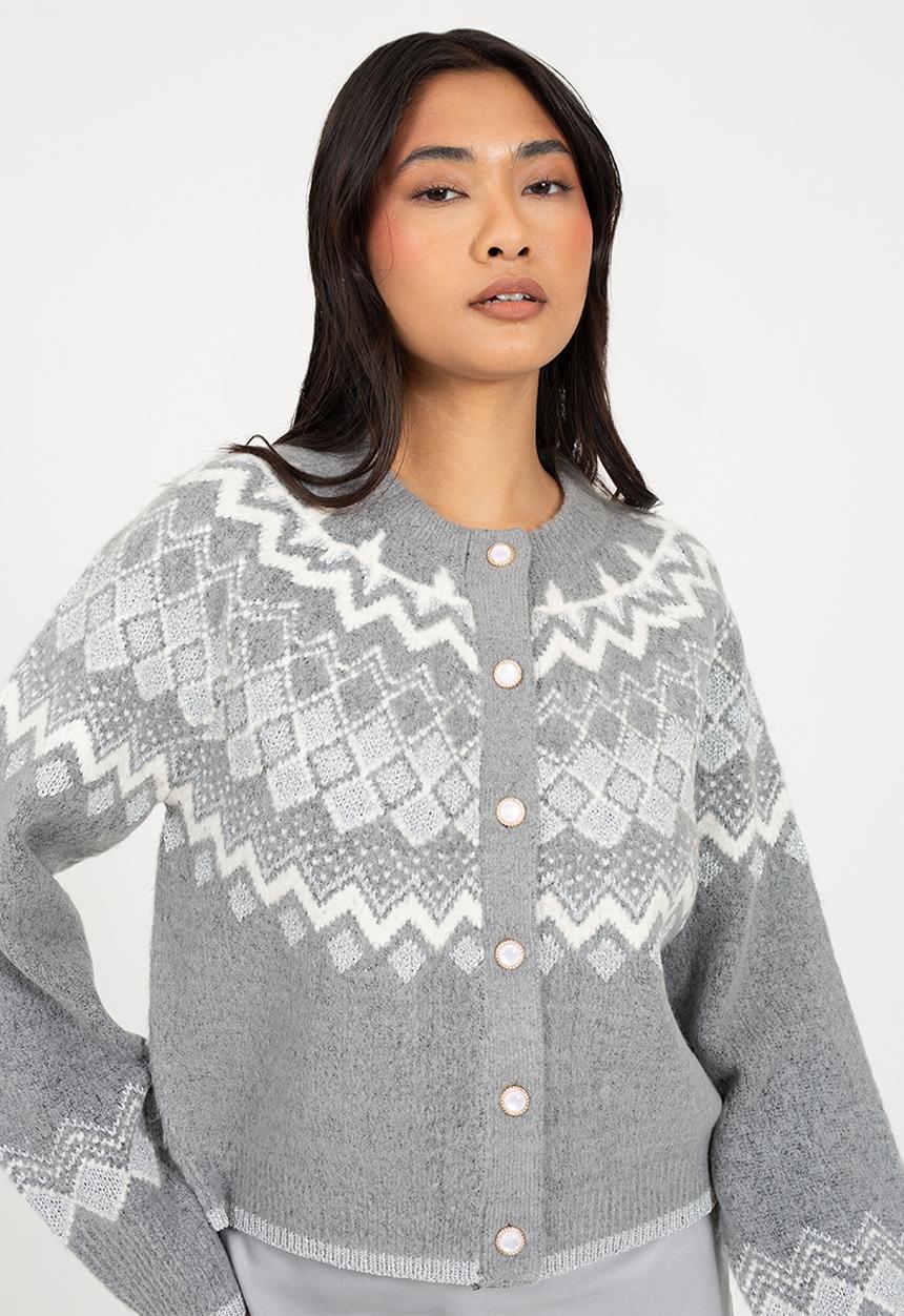 Brave Soul - Fairisle Yok Cardi With Pearl Buttons - Grey Mel/Ivory/Silver