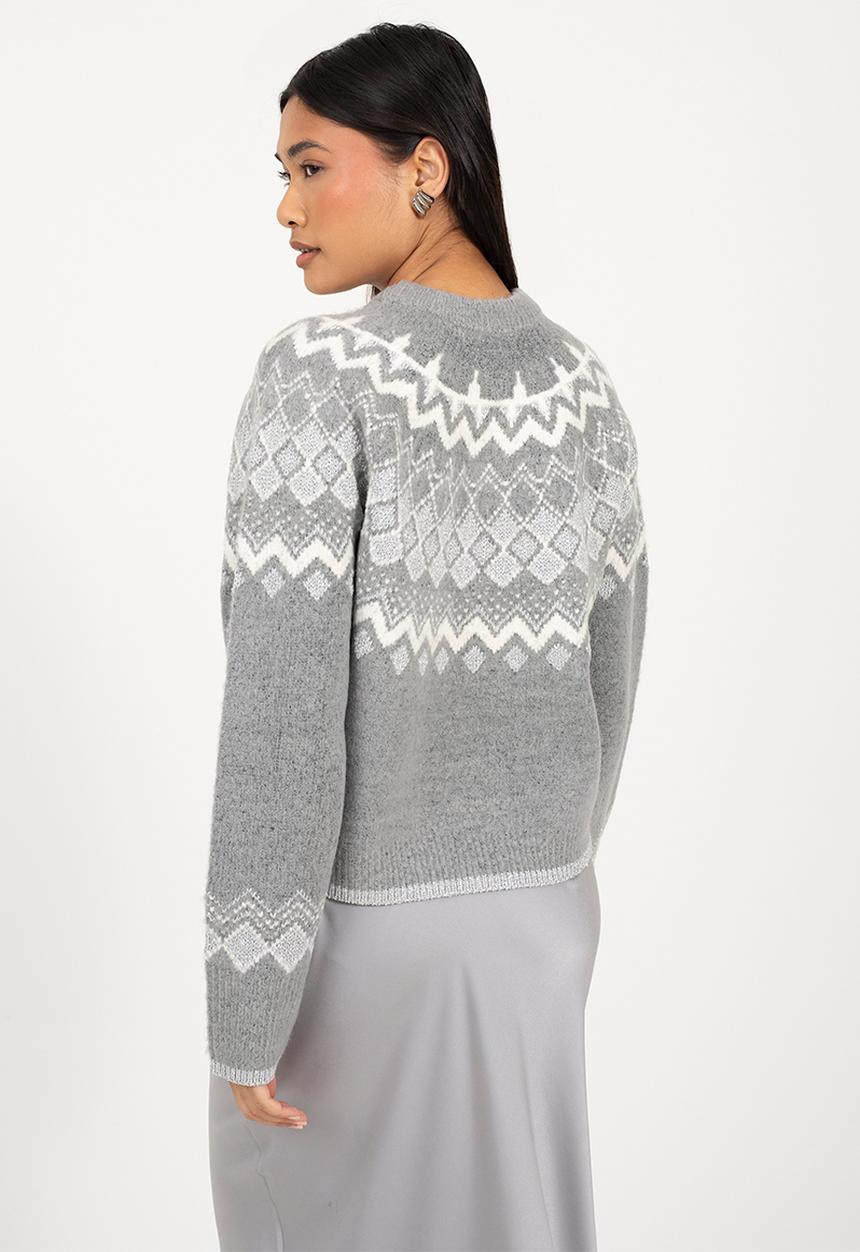 Brave Soul - Fairisle Yok Cardi With Pearl Buttons - Grey Mel/Ivory/Silver