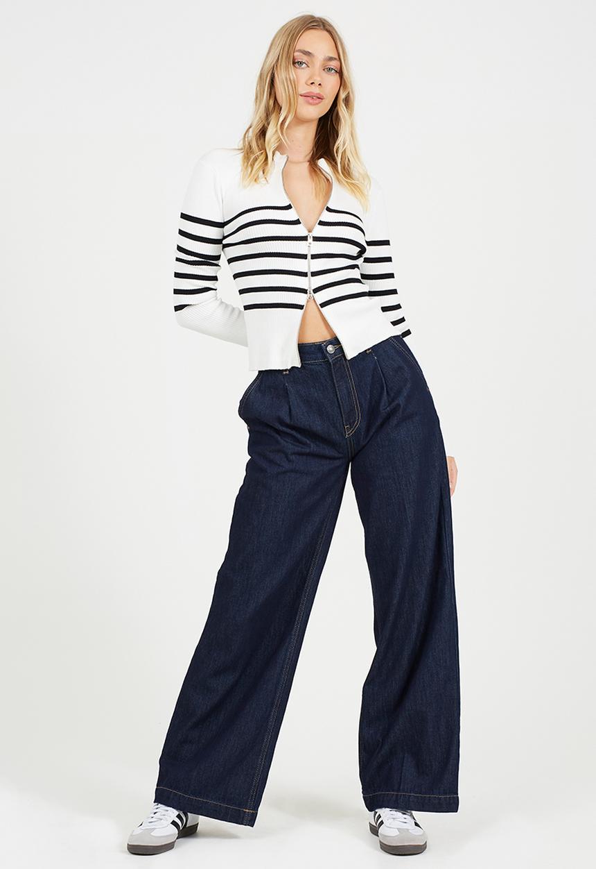 Brave Soul - Zip Through Turtle Neck Cardi With Stripe Detail - White/Black