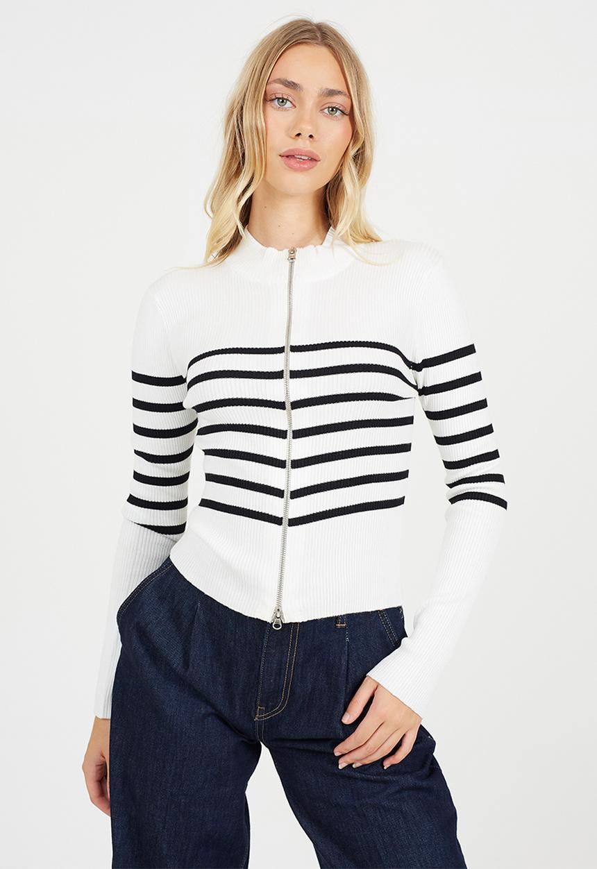 Brave Soul - Zip Through Turtle Neck Cardi With Stripe Detail - White/Black